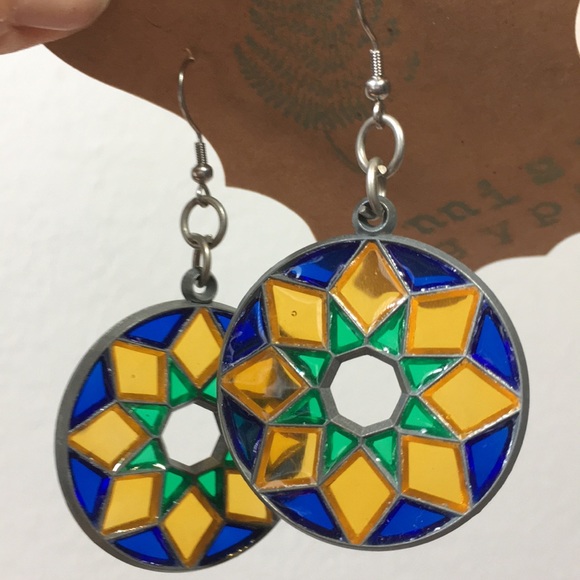 Finnish Gypsy Jewelry - Handmade Stain-glass Drop Earrings